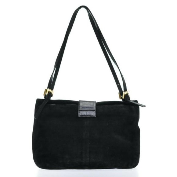 Fendi Black Suede Leather V Shaped Enamel Clasp HOBO Style Satchel Shoulder Bag - Picture 2 of 12